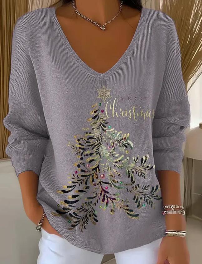 2025 3D Print V-Neck Drop Shoulder Christmas Pullover for Women