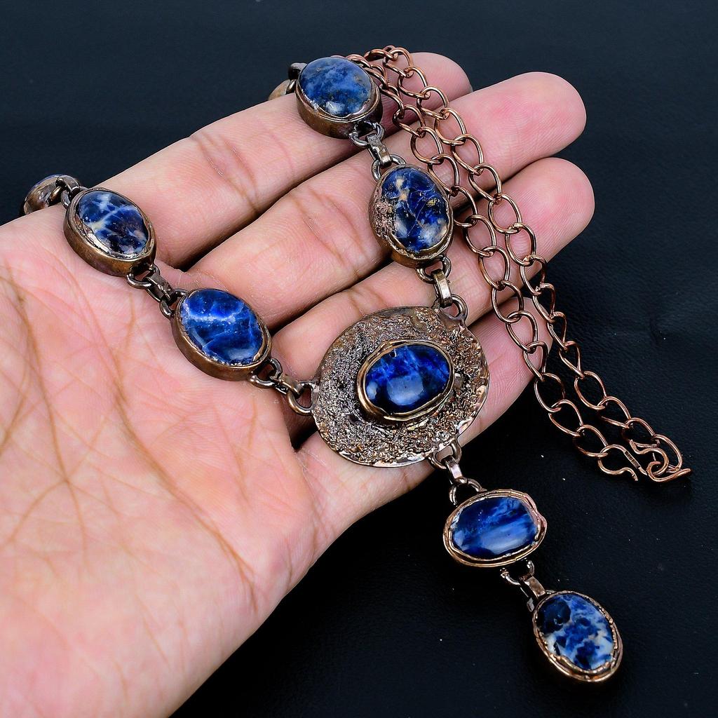 Sodalite Copper Electroformed Necklace with Adjustable Chain, Handmade Gemstone Jewelry Necklace For Memorial Day