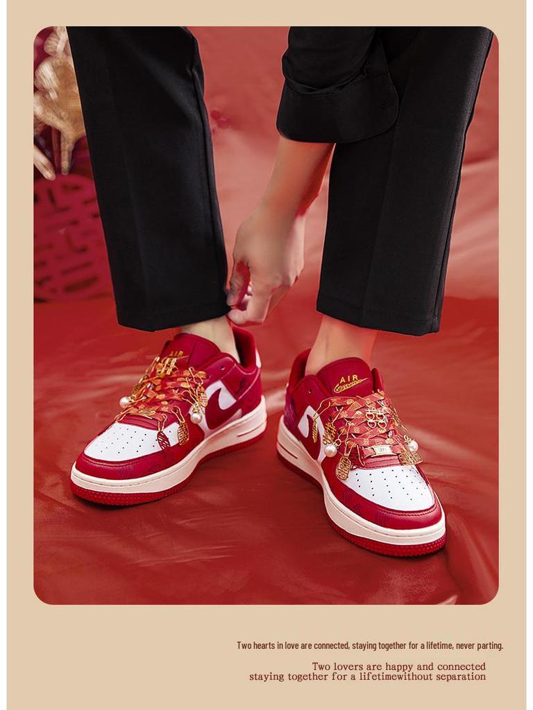 AJ1 Wedding Shoes: Bridal and Groom Flat-Soled Sneakers - Red, Dual-Function for Wedding Dress or Casual Wear.