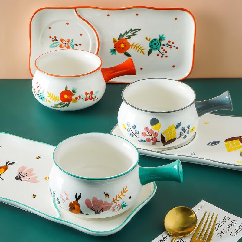 Flower Design Ceramic Salad Bowl Rectangle Plate Pasta Baking Bowl Breakfast Tableware (1 bowl with handle + 1 dinner plate)