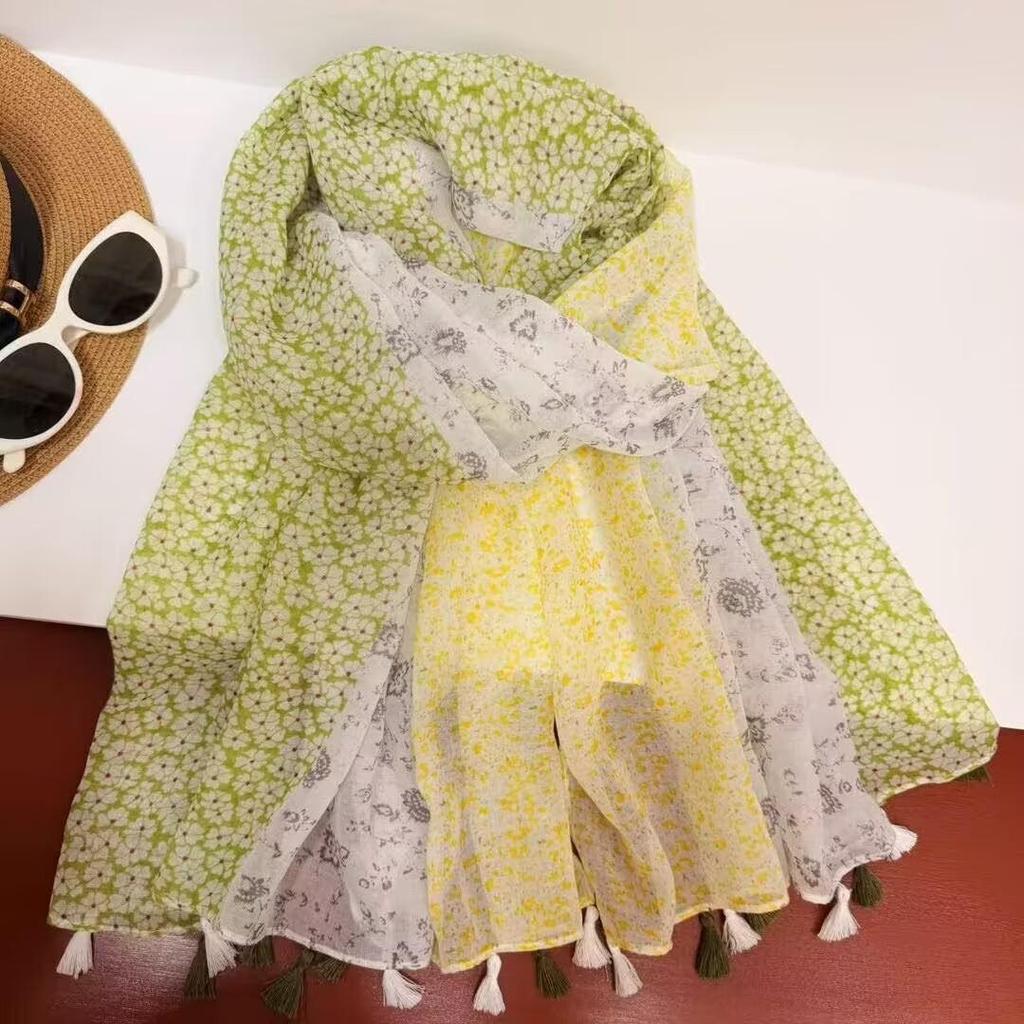 Women's Versatile Bali Gauze Cashew Print Tassel Scarf Shawl for Sun Protection