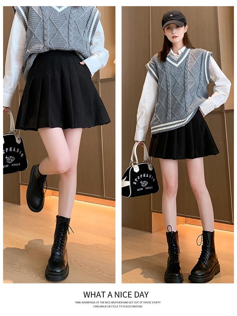 High-Waist Wool Pleated A-Line Skirt with Pockets - Slim Fit, Large Sizes for Autumn & Winter