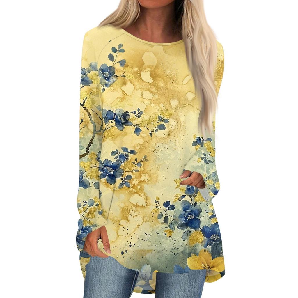 Women's Fashion Casual Long Sleeve Print Round Neck Pullover Top Blouse