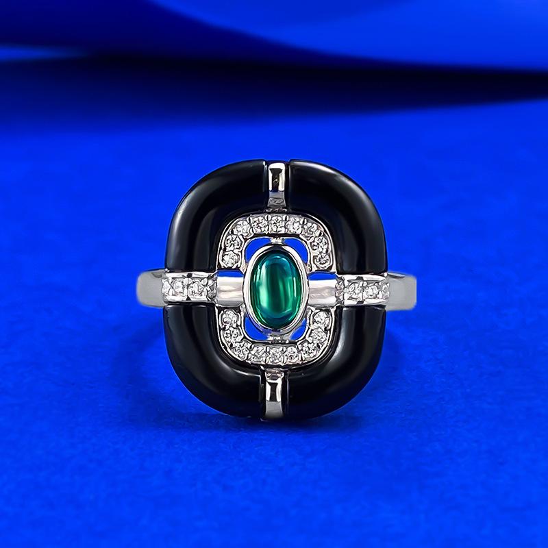 2025 New S925 Silver Black Drip Green Sugar Tower Ring, Unisex Retro European American Style Size 7