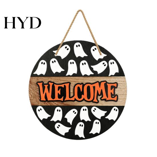 Decorative Halloween Plaque Hanging Door Sign, Wooden Front Hanger Wreath, Cute Party Sign Ghost Welcome for Porch Wall Indoor Home Decoration Spooky