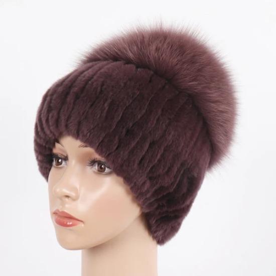 Women Winter Real Fur Hat Scarf 2 Pieces Knitted Rex Rabbit Fur Hat Top Natural Fox Fur Cap Scarves Sets Lady Warm Real Fur Caps