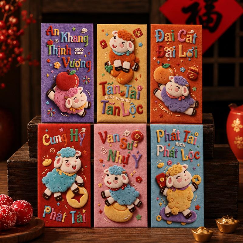 Cute 3D Sheep Red Pockets Colorful Vietnamese Wishes Print for Tet Family Gifting Occasions