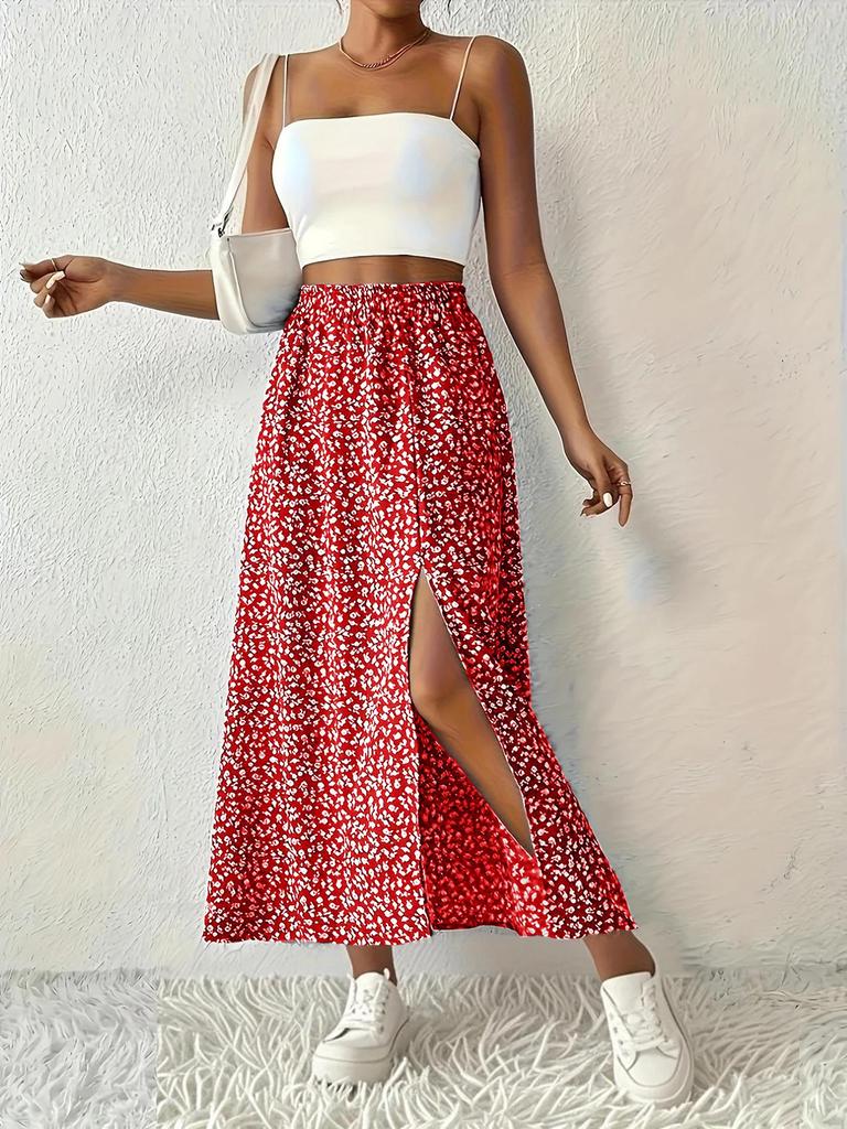 Women's Vintage High Waist Printed Long Skirt with Side Slit - Spring/Summer