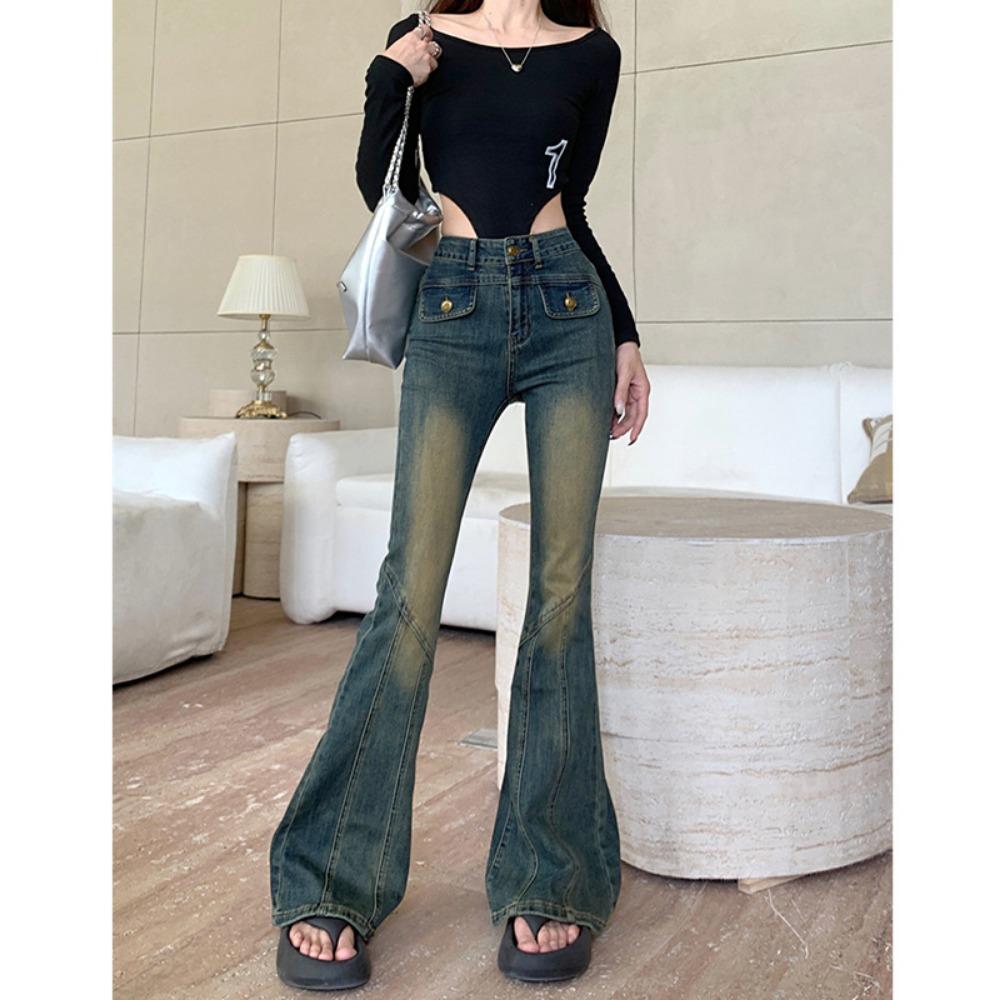 Spice girl personality street high-waisted micro-pull jeans women's spring and autumn new thin micro-pull horseshoe jeans