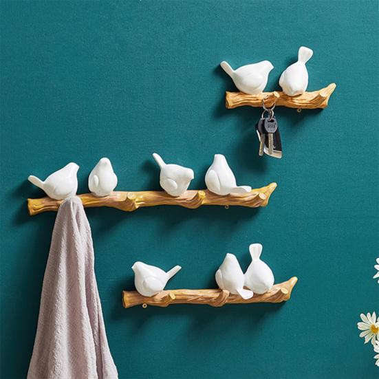 Resin Birds Wall Hook Decorative Birds on Tree Branch Coat Hook Farmhouse Wall Mounted Hanger for Entryway Coats Hats Keys Towels