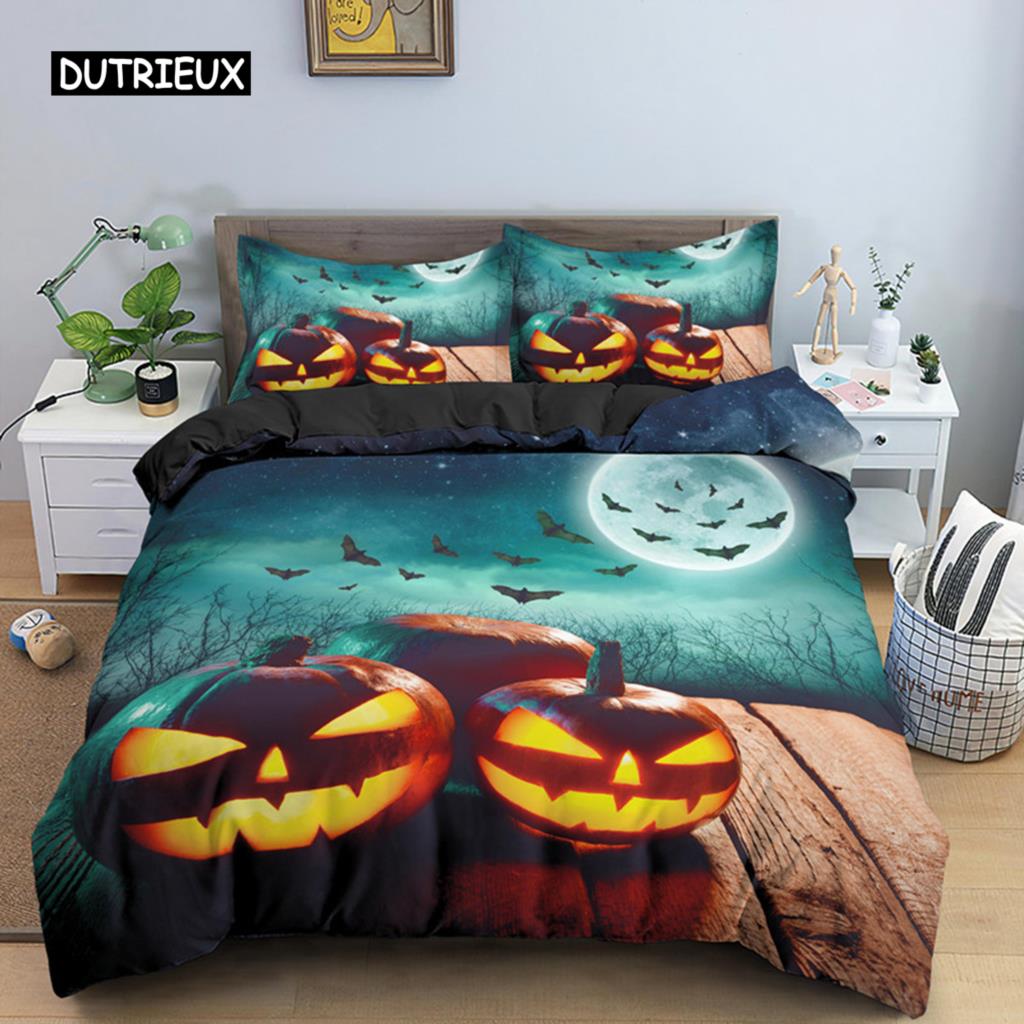 Happy Halloween King Queen Duvet Cover Orange Pumpkin Bedding Set Kids Teens Adults Bats Horror Festival Polyester Quilt Cover