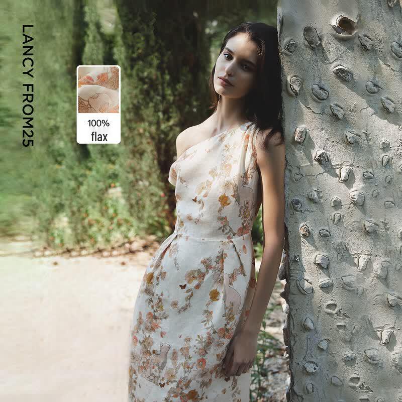 LANCY 25 Artist Series Linen One-Shoulder Pleated Dress L