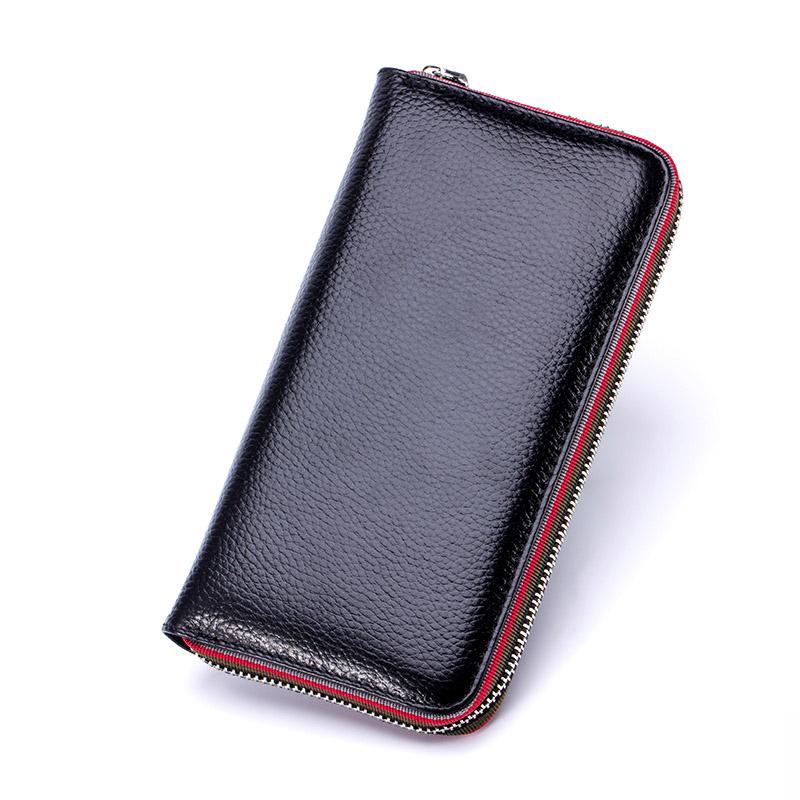 

Genuine Leather Men Women Long Wallet Unisex Zipper Coin Purse Simple Design ID Credit Card Holder Phone Money Bag Solid Clutch