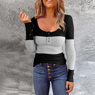 Women's Color Blocked Gradient T-shirt Women's Round Neck Pullover Button Up Long Sleeved Fashionable Slim Fit Top