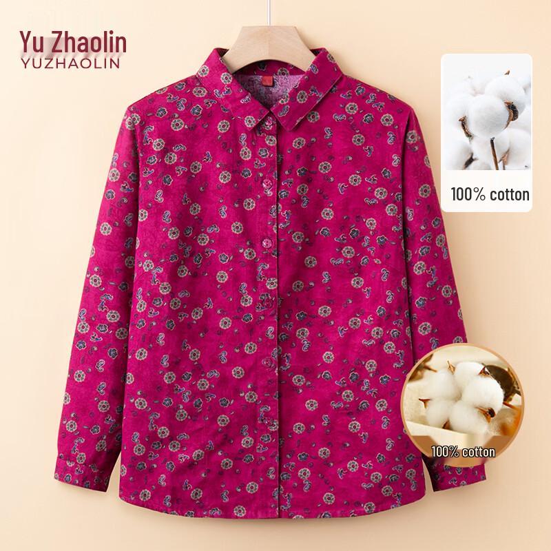 YUZHAOLIN Women s Plus Size Floral 100% Cotton Long Sleeve Shirt 4XL