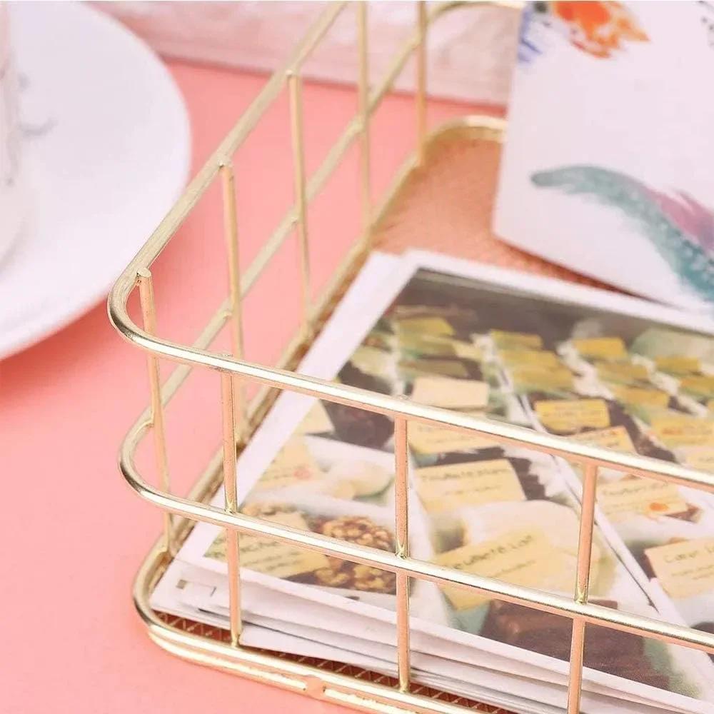 For Rose Gold Metal Desk Tray Bathroom Shelf Storage Fruit Home and Office Finishing Basket