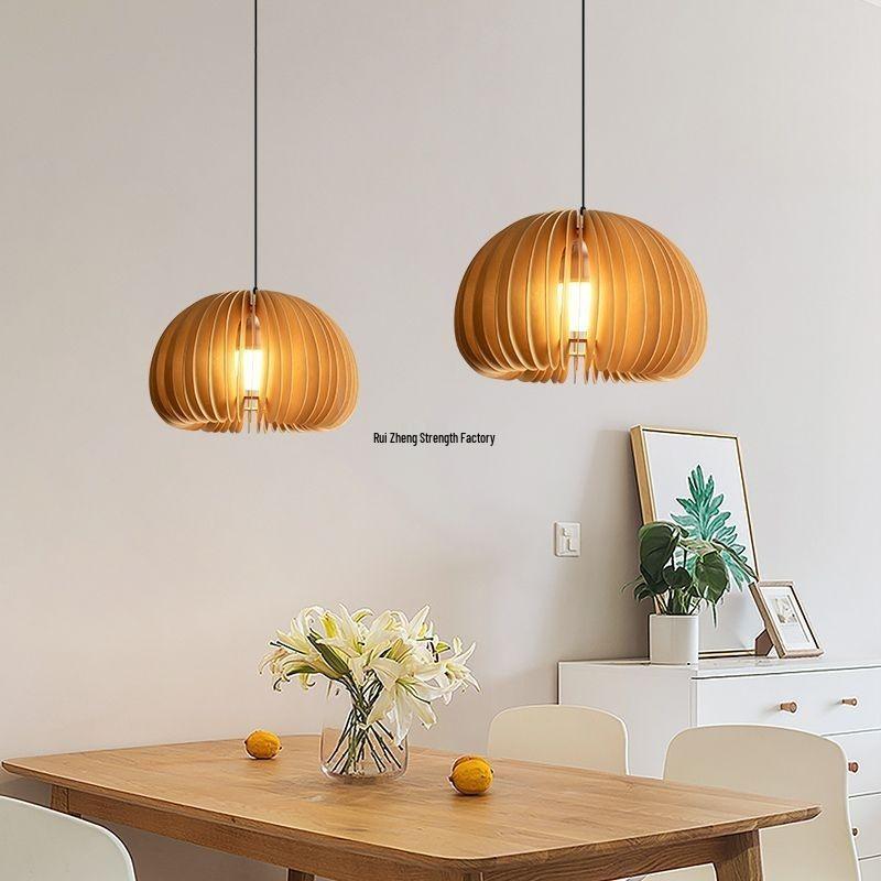 Stairwell Retro Japanese Solid Wood Pumpkin Pendant Light for Bedroom or Study