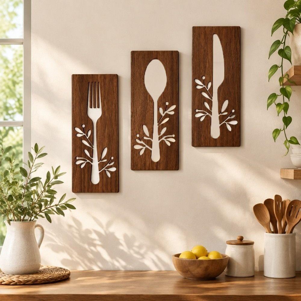 3pcs Hollow Out Kitchen Tools Wall Plaques Fork Wall Sticker Hangings Restaurant Decor