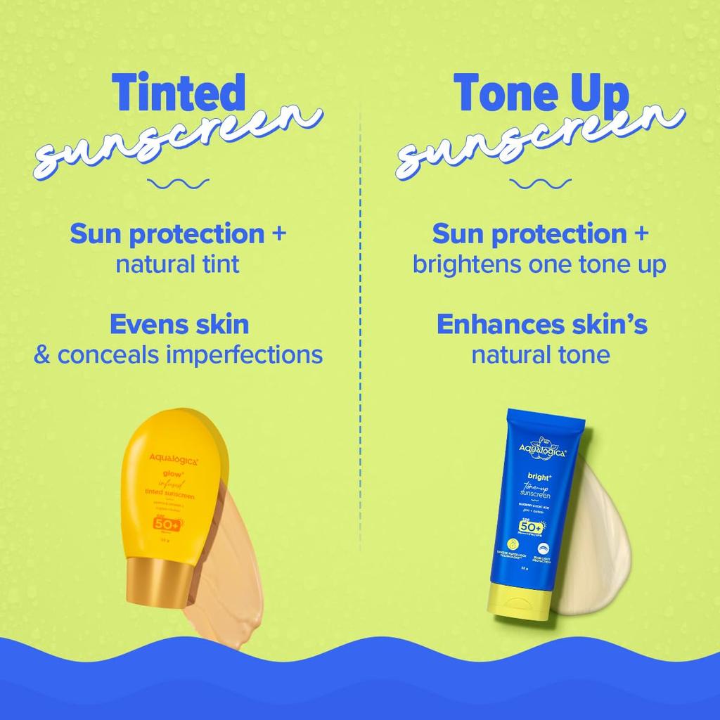 Aqualogica Bright+ Tone Up Sunscreen SPF 50+ PA++++ with Blue Light Protection 50g Pack of 1