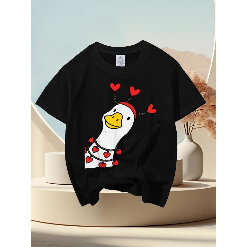 European sizes Boys & Girls Cute Goose Duck Valentines Day T-Shirt - Retro Short Sleeve Shirt with Goose & Duck Graphics, Round Neck Casual Top