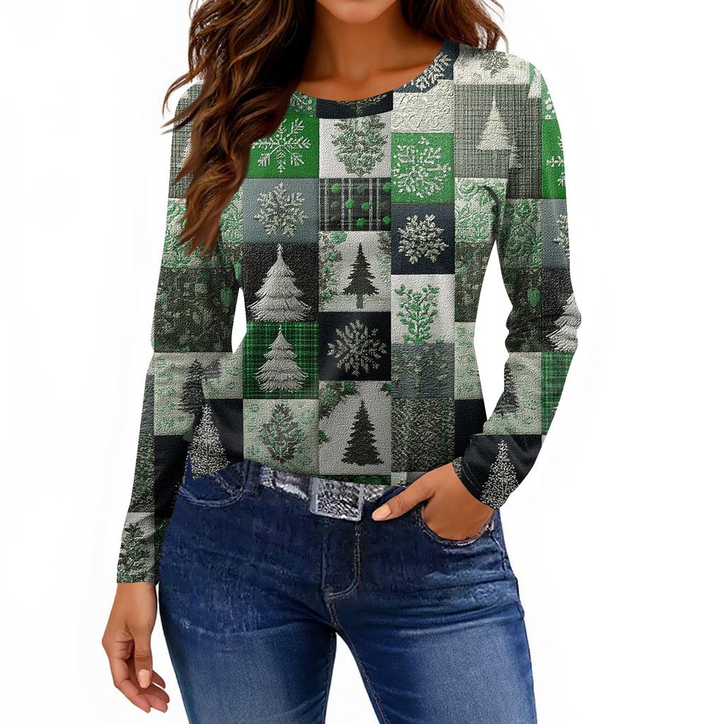 Women's Fashion Casual Slit Hem Round Neck Long Sleeve Loose Printed T-Shirt Ladies Top
