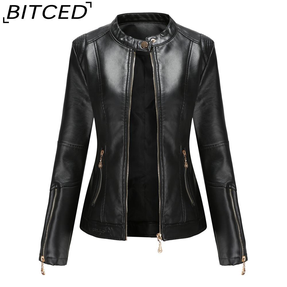 BITCED Fashion Women's PU Leather Short Jacket with Stand Collar Lightweight Spring/Autumn Leather Jacket