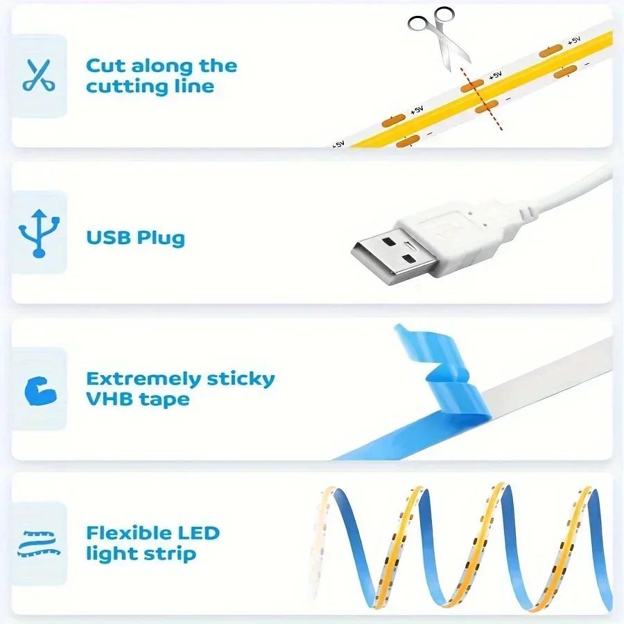 5V COB LED Strip Light with Button Switch USB High Brightness 320 LEDs/m Flexible Tape for TV Backlight Bedroom Room Decor