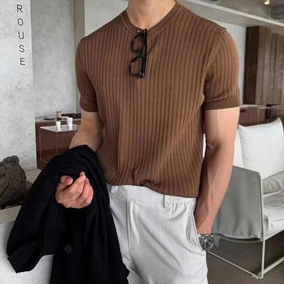 Top Suéter Masculino Manga Curta Slim Fit Estilo Coreano Seda Gelada