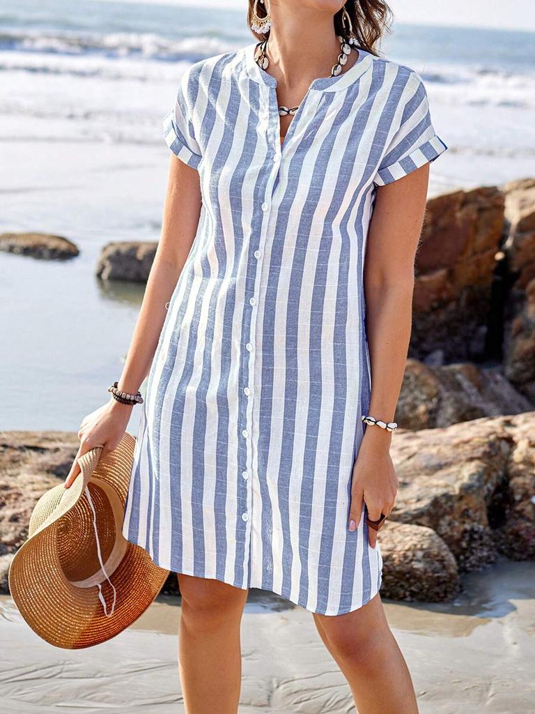 Women's Stand Collar Short Sleeve Shirt Loose Fit Elegant Striped Tunic Cotton Polyester Casual Beach Shirt Dress