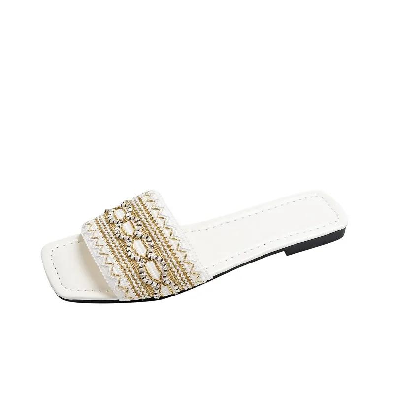 

Модная женская обувь 2025 Шлепанцы с открытым носком Женские больших размеров Повседневные Удобные Сандалии смешанных цветов Квадратный носок Шлепанцы с плоской подошвой и бусинами на ремешке 42