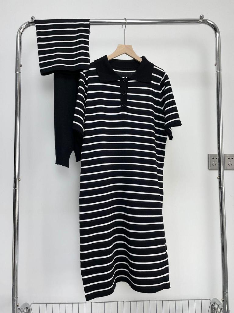 Solid Color Short Sleeve Maxi Dress with Shawl, Striped Plus Size Polo Collar Knitted Dress