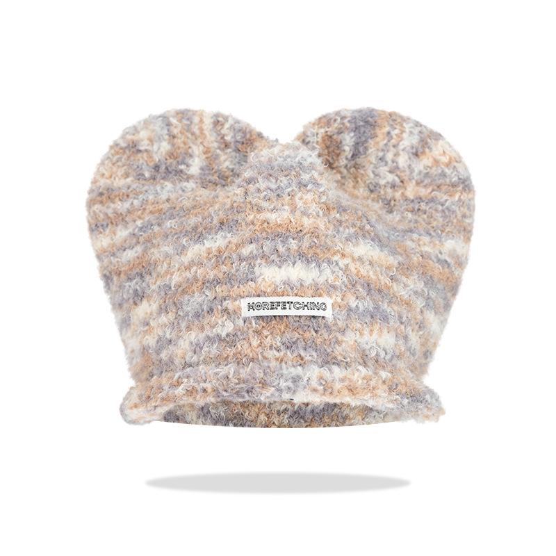 Korean version of Mickey ears mixed thread knitted hat cute versatile autumn and winter warm ear protection hat showing face small wool hat spot