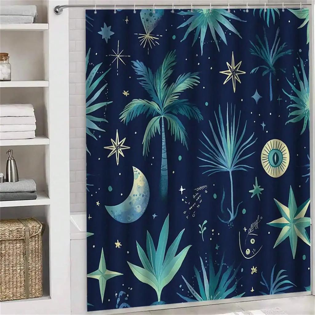 Starry Night Palm Shower Curtain: Embrace The Cosmic Design, Soft Fabric, And Tropical Vibes For Your Dreamy Bathroom