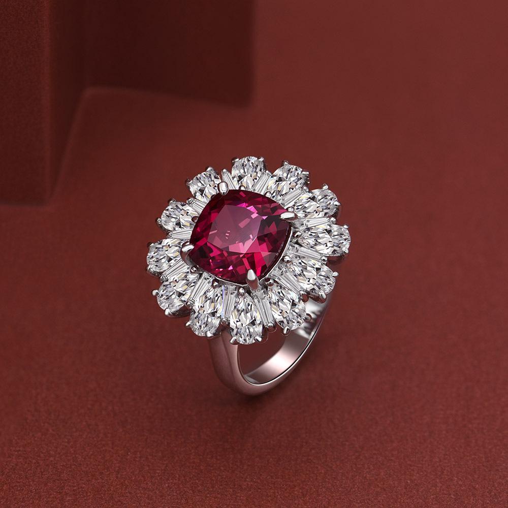 Deluxe Floral Red AAA Cubic Zirconia Gem Ring for Women's Shining Anniversary Party Gift Premium Women's