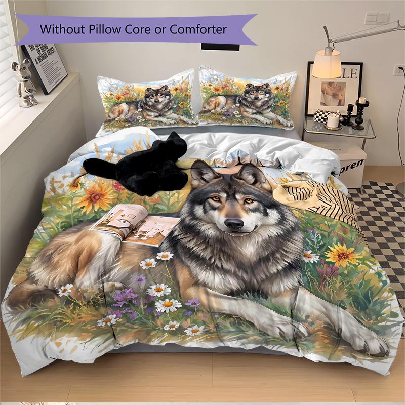 3pcs Wolf's Peaceful Rest amidst Nature's Bounty Quilt Cover Set - Soft and Cozy Bedroom, Guest Room and Dorm Decorative Bedding