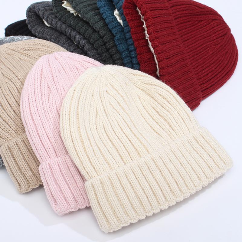Winter Silk Satin Lined Beanie Hat Unisex Thick Chunky Striped Cashmere Knitted Warm Cap