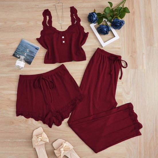 Women's 3 Piece Pajamas Set Ribbed Knit Lace Trim Cami Shorts And Pants