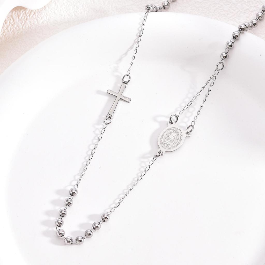 Trendy 3mm Prayer Beads Necklace with Virgin Mary Cross & Buddhist Stainless Steel Chain