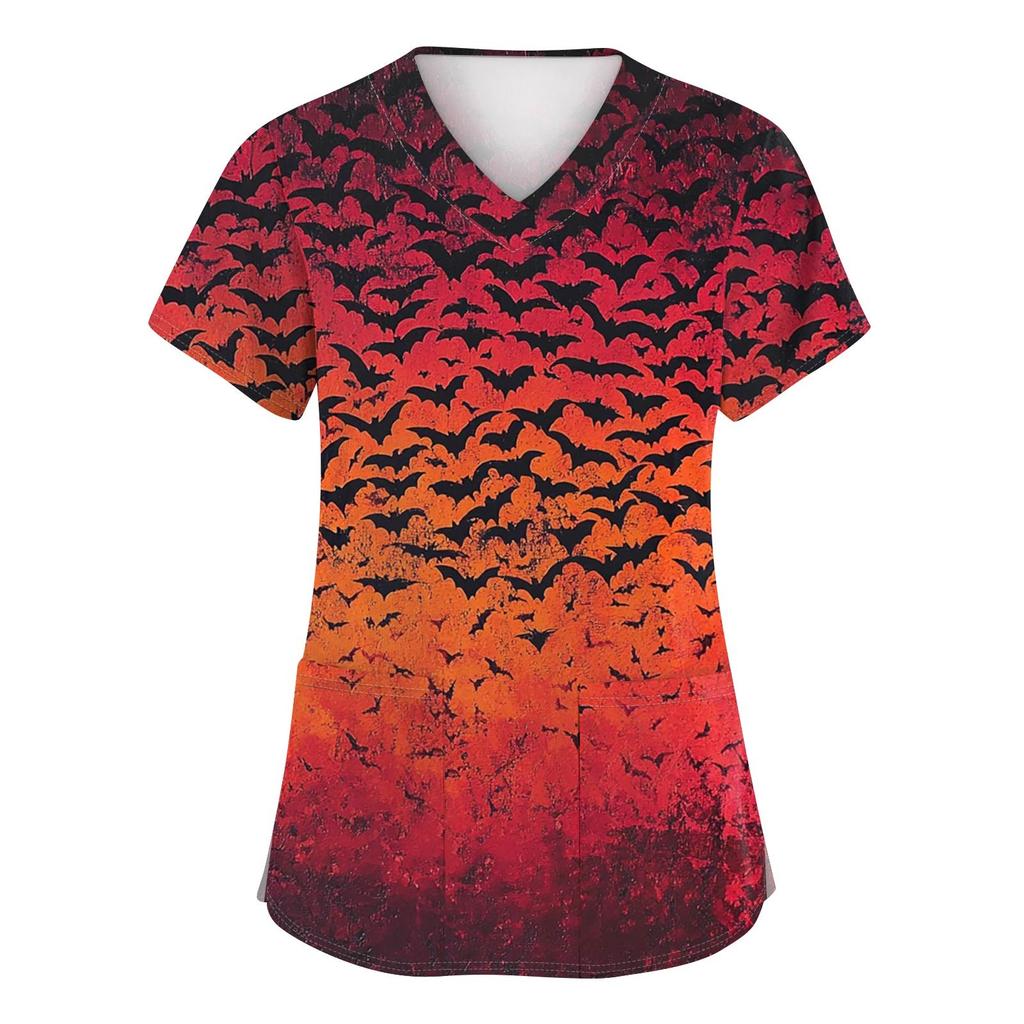 Women's Fashion V-neck Short-sleeved Work Uniform With Pockets, Halloween Print Top