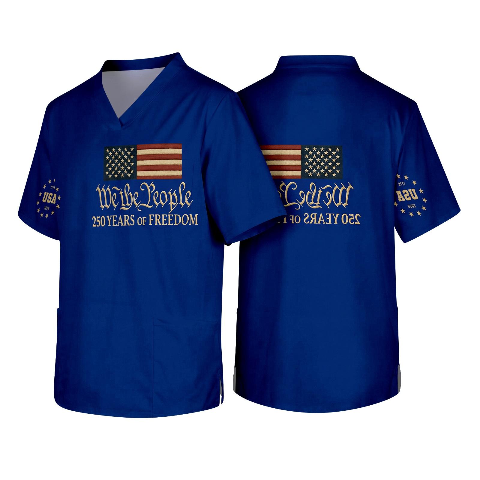 

Men s V Neck Short Sleeve Work Shirt with Chest Pocket American Flag and Statue of Liberty Print Independence Day Design Casual Fit XL Темно-синій