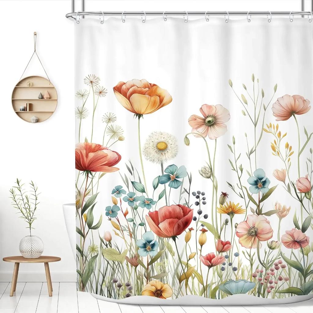 Blooming Cat Shower Curtain-Cute Kitten On Vibrant Floral Background, Cheerful Bathroom Decorative Shower Curtain