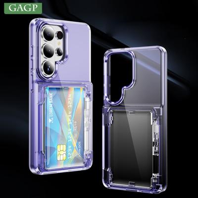 Folding Slot Card Holder Transparent Case For Samsung S26 Ultra S25 Plus S24 S23 Clear Wallet Stand Shockproof Acrylic PC Cover