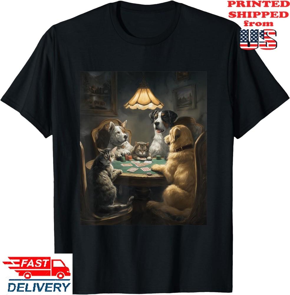 Собака и кошка играют в покер Забавная графическая футболка, Унисекс футболка XL
