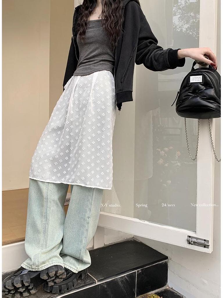 Gładka Przezroczysta Warstwowa Spódnica Midi z Wysokim Stanem, Wiązana i z Koronkowymi Detalami