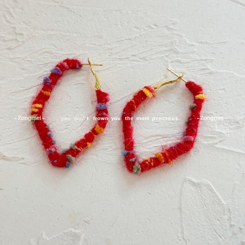 Colorful Red Woolen Hoop Earrings for Autumn and Winter - Large Bohemian Ethnic Retro Hong Kong Style Festive Accessory