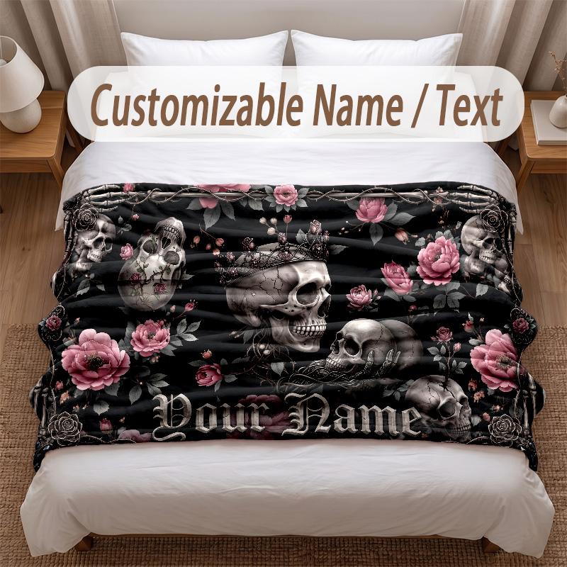 Skull Gothic Theme Soft Blanket Personalized Custom Name Text Print Warm Blanket Home Sofa Bedroom Decor