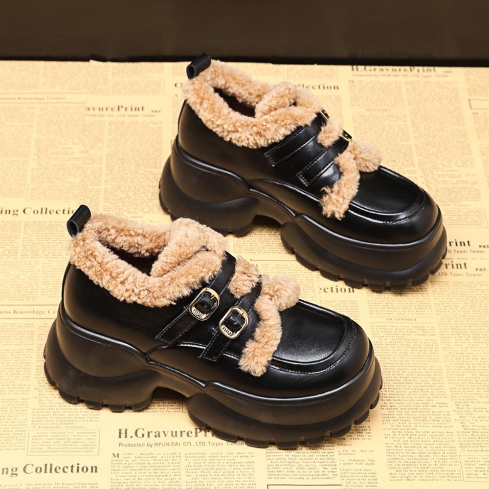Fashion 8cm Thick-soled Loafers Women's Winter Plus Fleece Warm 2024 New All-match Inner Height-raising Small Leather Shoes