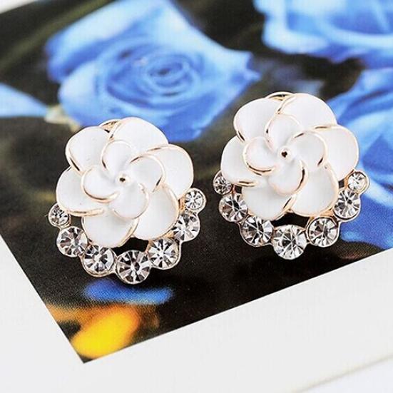 Women Peony Camellia Flower Rhinestones Alloy Ear Stud Earrings Party Jewelry