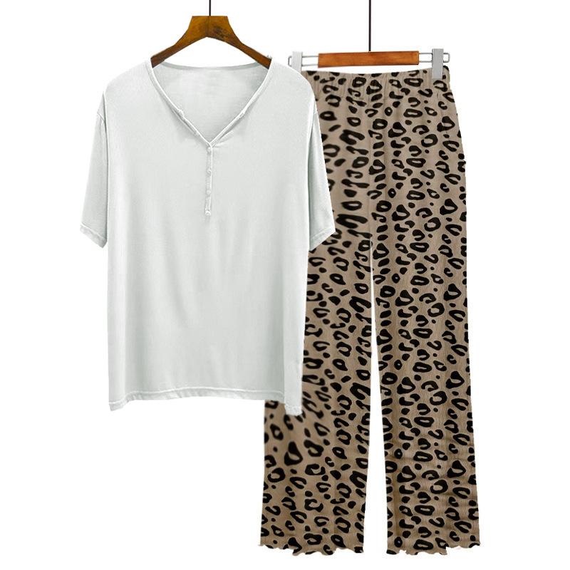 Women's Modal Pajama Sets Summer Short Sleeve Tshirts and Pants Fashion Leopard Homewear Suit Plus Size Loose Casual 2pcs Clothing