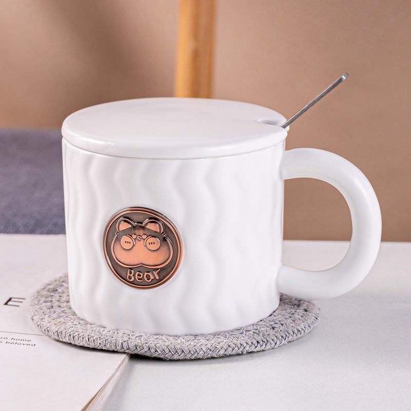 Nordic style ins creative relief wavy ceramic cup with lid household personalized simple coffee cup